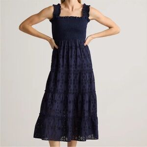 Quince Eyelet Organic Cotton Tiered Midi Dress S Navy Blue